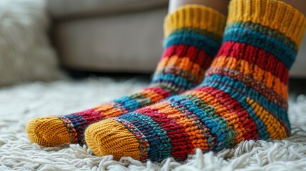 Warm knitted socks with vibrant stripes, isolated on a clean background, providing plenty of room for copy text or graphic elements