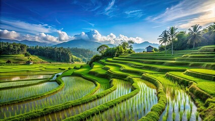 Fototapeta premium Landscape of lush green rice paddies under a clear blue sky , agriculture, farming, Asia, rural, serene, peaceful