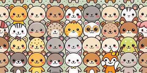 Obraz premium Pattern of adorable kawaii animals in various poses and expressions , kawaii, cute, animals, pattern, cartoon, whimsical, fun