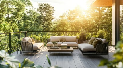 Fototapeta premium Modern balcony with comfortable outdoor furniture, framed by a blurred nature background, perfect for showcasing stylish home spaces