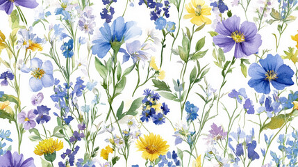 Obraz premium An intricate seamless watercolor floral pattern with a mix of wildflowers and foliage in vibrant blues, purples, and yellows, set against a white background.