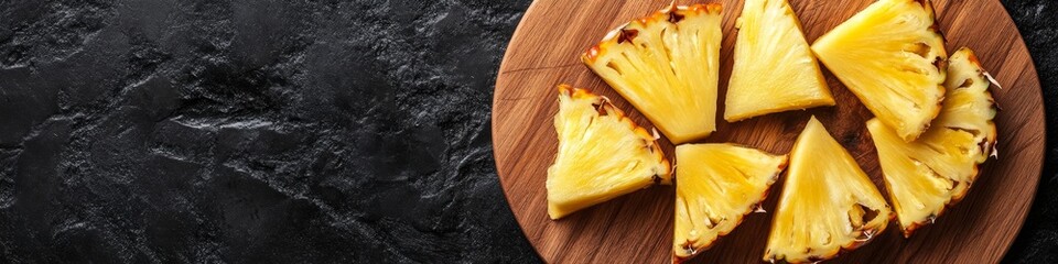  Fresh Pineapple Slices on Wooden Cutting Board: Vibrant Tropical Fruit Composition for Culinary Inspiration. Award-Winning Arrangement Showcasing Vitamin-Rich Produce. Ideal for Restaurant Prep, Heal