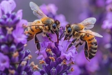 Two bees gather nectar from a vibrant purple lavender flower
