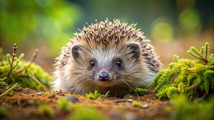 Naklejka premium Hyperrealistic hedgehog blending seamlessly into a natural earthy environment , wildlife, animal, hyperrealism, hedgehog