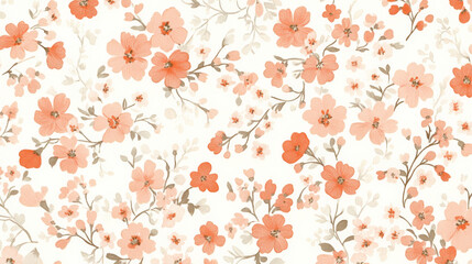 Fototapeta premium A sophisticated floral liberty pattern featuring small, detailed flowers in soft pastel tones of peach and coral, set against a white background.