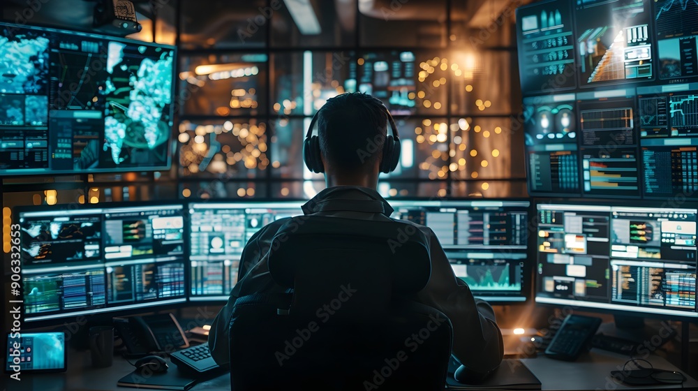Poster cybersecurity center with data monitoring and holographic interfaces
