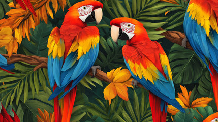 Obraz premium A pattern of colorful macaws with feathers in vivid shades of red, blue, and yellow, perched on tropical branches, creating a vibrant and exotic background.