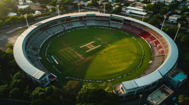 Drone shot of a packed cricket stadium with enthusiastic fans, bright stadium lights, and green field capturing the excitement of a live match, perfect for sports enthusiasts, event promotions, and re