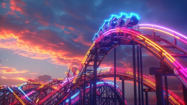 Neon Rollercoaster Under a Colorful Sunset