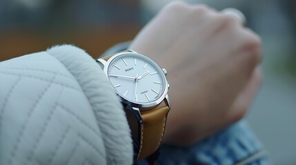 Stylish white watch on woman hand : Generative AI