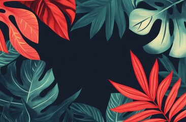 Red and green tropical leaves on a dark background