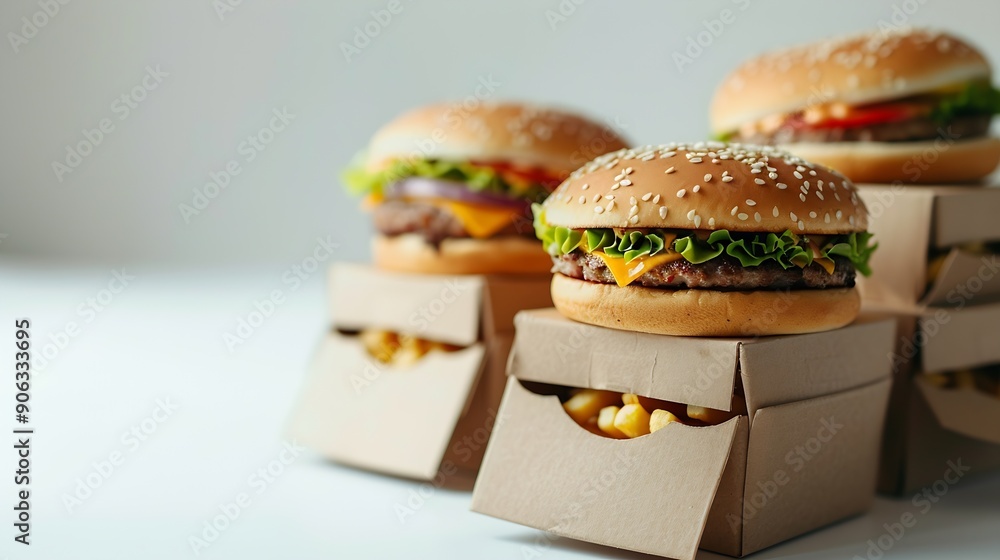 Poster Stack of fast food Boxes on white Background : Generative AI