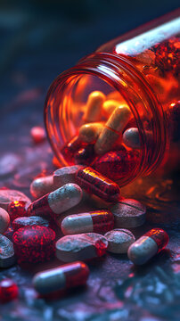 Jar with colorful pills overturned with pills spilling out, dynamic and engaging