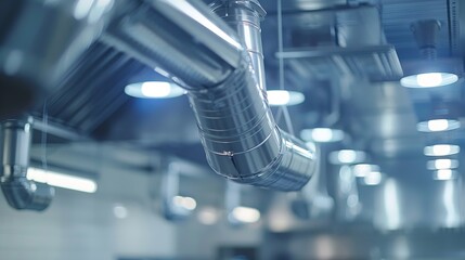 Ventilation industrial equipment Pipes for air purification in production Ventilation in restaurant kitchens Galvanized air hoods under ceiling Metal ventilation ducts Cafe kitchen equ : Generative AI