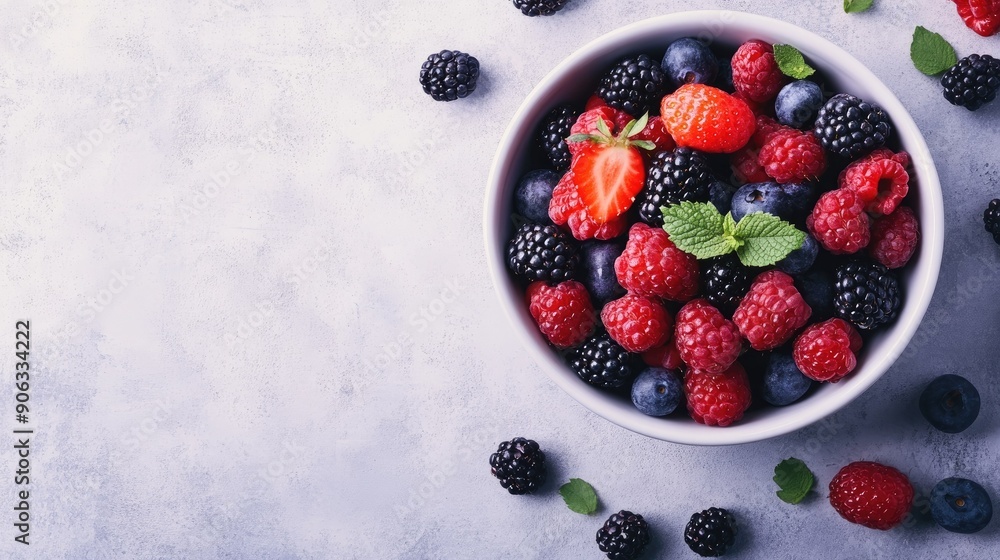 Poster top view of a bowl of mixed berries with a lot of empty space around for text or branding.