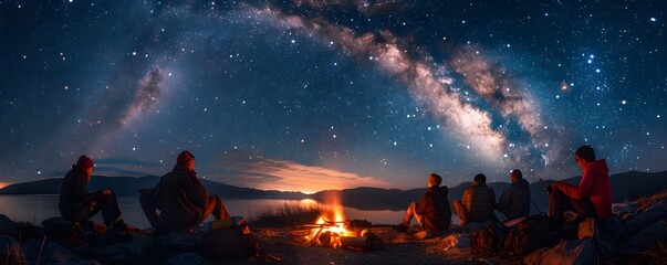 Hikers Gathered Around Glowing Campfire Under Starry Night Sky Enjoying Nature Adventure