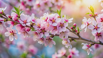 Fototapeta premium Flowering pink almond blossoms on tree branch, spring, nature, blooming, vibrant, delicate, petals, pink, beautiful, almond tree