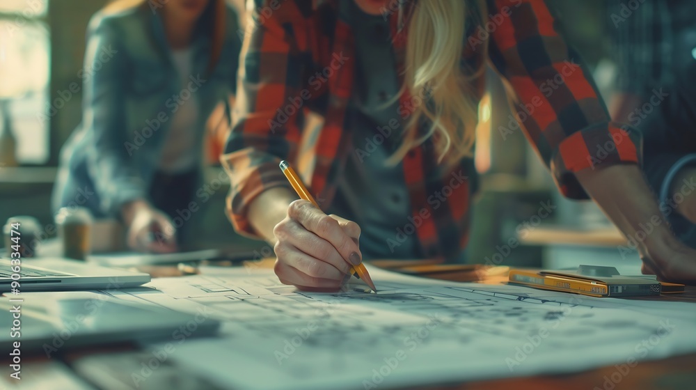 Aufkleber Brainstorming group of architects and engineers discuss building blueprint design paperwork and drawing construction project planning on wooden table in office Construction project bud : Generative AI