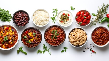 Various chili con carne dishes arranged on a white background, perfect for highlighting recipes and food promotions with copy space.