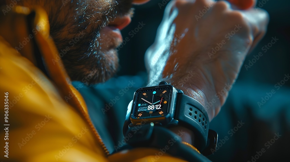 Aufkleber Mid adult man using smart watch during training Heart monitor beats with wristwatch smart watch or future data on healthcare technology in use of smart watch for health condition : Generative AI