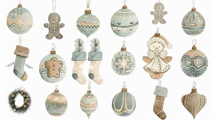 Set of colorful Christmas ornaments, stockings, and candy canes. Concept of festive decorations, holiday celebration, winter festivities, and holiday spirit. White background