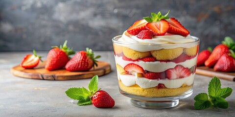 Delicious strawberry trifle with layers of sponge cake, fresh strawberries, creamy custard