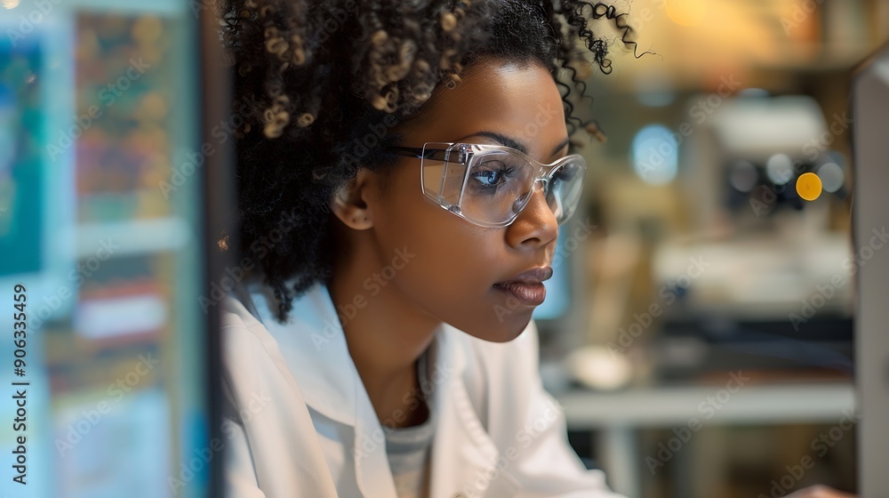 Poster A focused african american woman scientist working on a computer in a laboratory setting : Generative AI