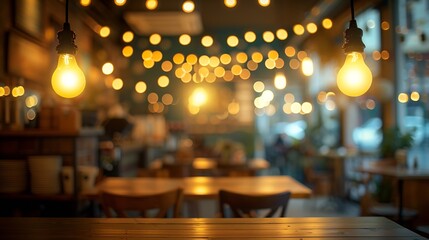 Blurred image of restaurant with light and bokeh for background usage Blur interior background : Generative AI