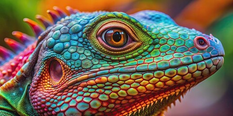 Fototapeta premium Close-up image of a colorful reptile with vibrant scales and texture, reptile, close-up, colorful, vibrant, scales