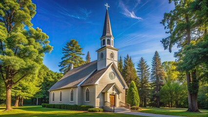 A traditional church with a tall steeple surrounded by trees and a clear blue sky, church, holy, trinity, worship