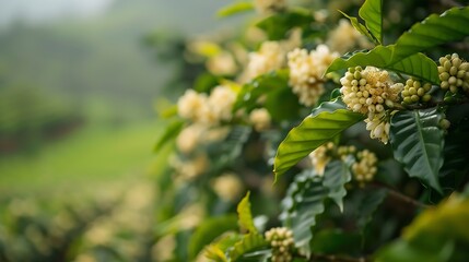 Ethiopian coffee plantations coffee flowers green beans processing methods : Generative AI