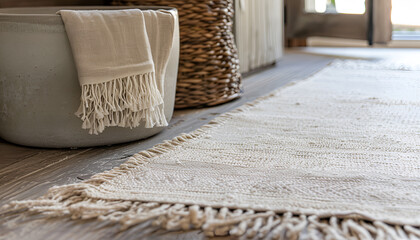 Long Beige Woven Runner Rug with Fringe