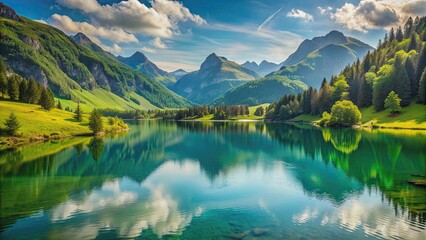Fototapeta premium Breathtaking landscape of a serene lake surrounded by lush green mountains , Serene, tranquil, calm, peaceful, scenic