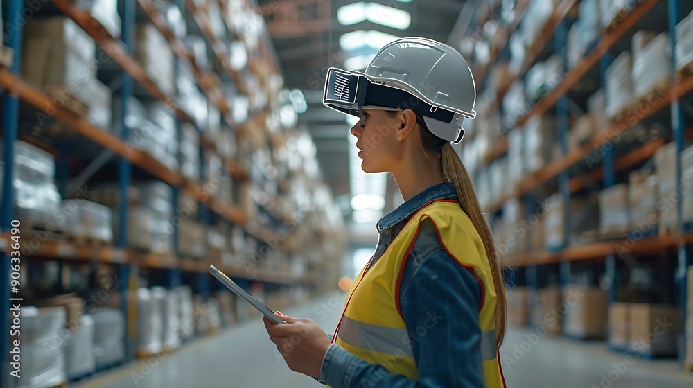 Poster Industry 40 Modern Warehouse Female Engineer in Empty Warehouse Uses Digital Tablet Computer with Augmented Reality Software for Future Factory or Warehouse Layout Concept Shot of Augm : Generative AI