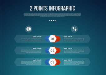 2 or two point template comparison versus things in infographic with hexagon shape and transparent container as background with modern dark style for slide presentation