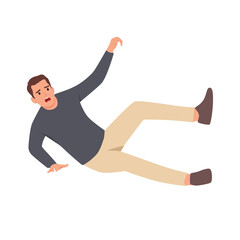 Man falls wet floor due to negligence and inattention at moment of walking. Flat vector illustration isolated on white background
