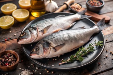 Delicious healthy fish.Raw sea bass with lemon and ingredients on a dark background. Banner, menu, place for recipe text, top view.