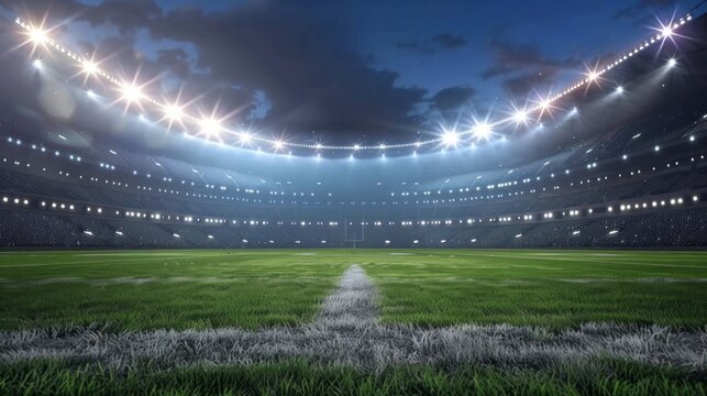 3d rendering of illuminated nighttime stadium with bright stadium lights and empty seats in a high-tech sports arena setting, perfect for sports events, night games, and modern architectural visualiza