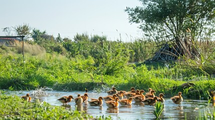 Group of ducklings swimming in a pond in a lush green environment. Concept of wildlife, nature, young animals, serene landscape