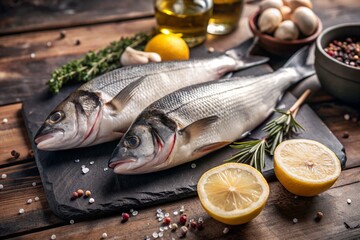 Delicious healthy fish.Raw sea bass with lemon and ingredients on a dark background. Banner, menu, place for recipe text, top view.