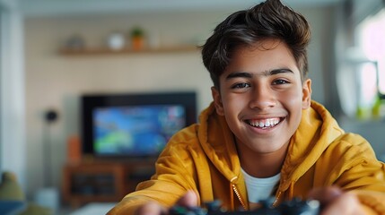 Fototapeta premium Hispanic teenager playing video game holding controller pointing aside with hands open palms showing copy space presenting advertisement smiling excited happy : Generative AI