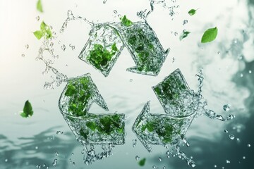 The recycling symbol made of water splashes and green leaves on a light background