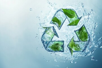 The recycling symbol made of water splashes and green leaves on a light background
