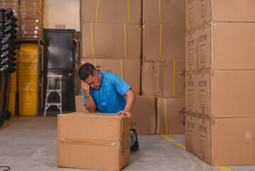 A stressed man worrying after dropping a box potentially damaging the contents. An accident...