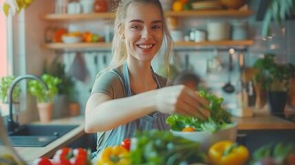 Healthy Food To Boost Your Immune System Beautiful smiling young woman cooking fresh organic salad at home in modern kitchen reaching for vegetables copy space Diet Food And Lifestyle  : Generative AI