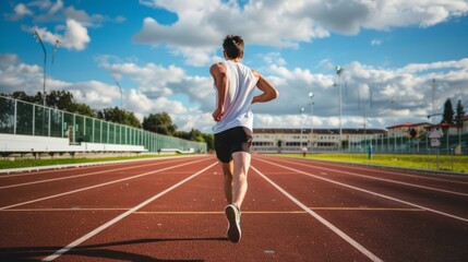 Naklejka premium Fit man running on a trail through a dense forest at sunrise, showcasing determination and endurance in outdoor fitness, perfect for health and wellness themes, athletic training, and motivational con