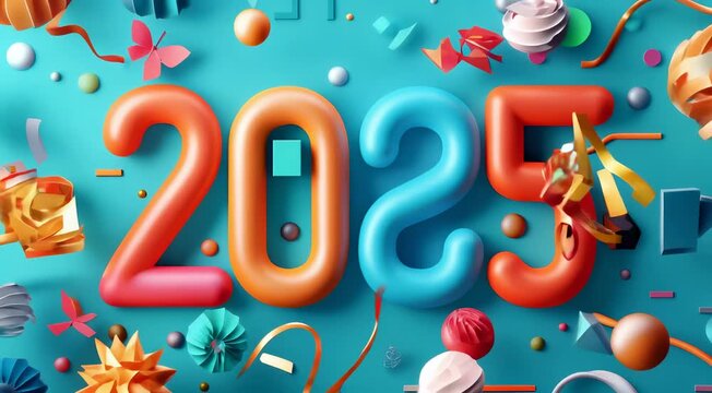 Vibrant and playful 2025 numbers with abstract decorative elements like ribbons, geometric shapes, and origami figures on a teal background.