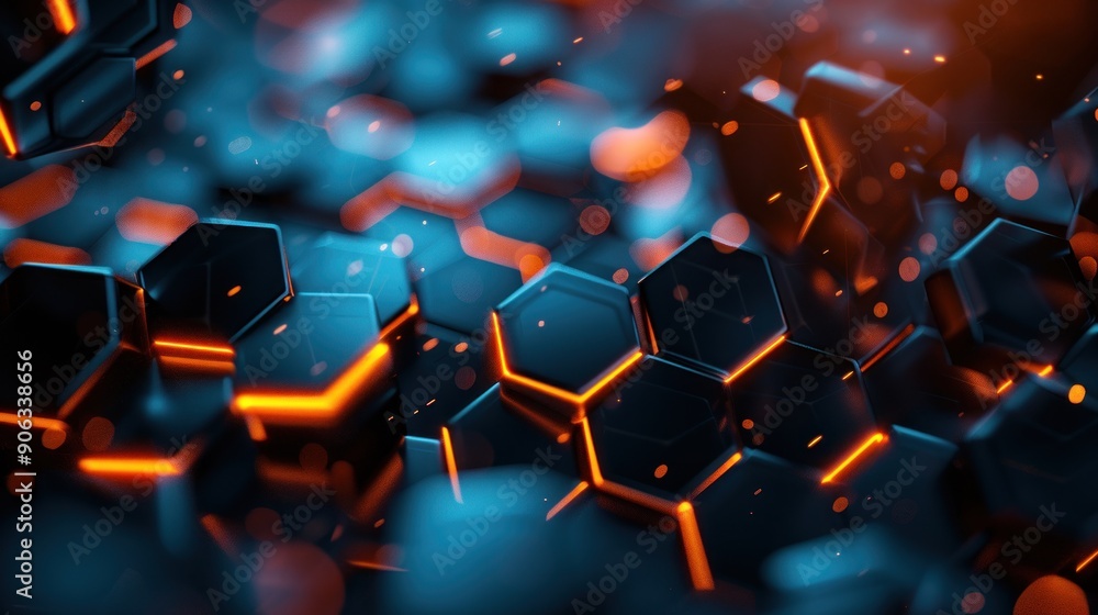 Poster abstract hexagon pattern with glowing edges and bokeh lights