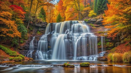 Waterfall cascading in a scenic autumn forest , autumn, waterfall, forest, nature, beautiful, serene, tranquil, colorful