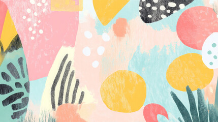 An artistic doodle art header with a mix of geometric shapes and organic textures, using a palette of pastel colors to create a playful and engaging design.